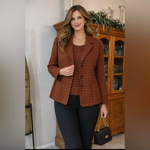 🧥 Danny & Nicole 2-Piece Jacket & Top Set | Size 16 | Houndstooth Brown & Orange